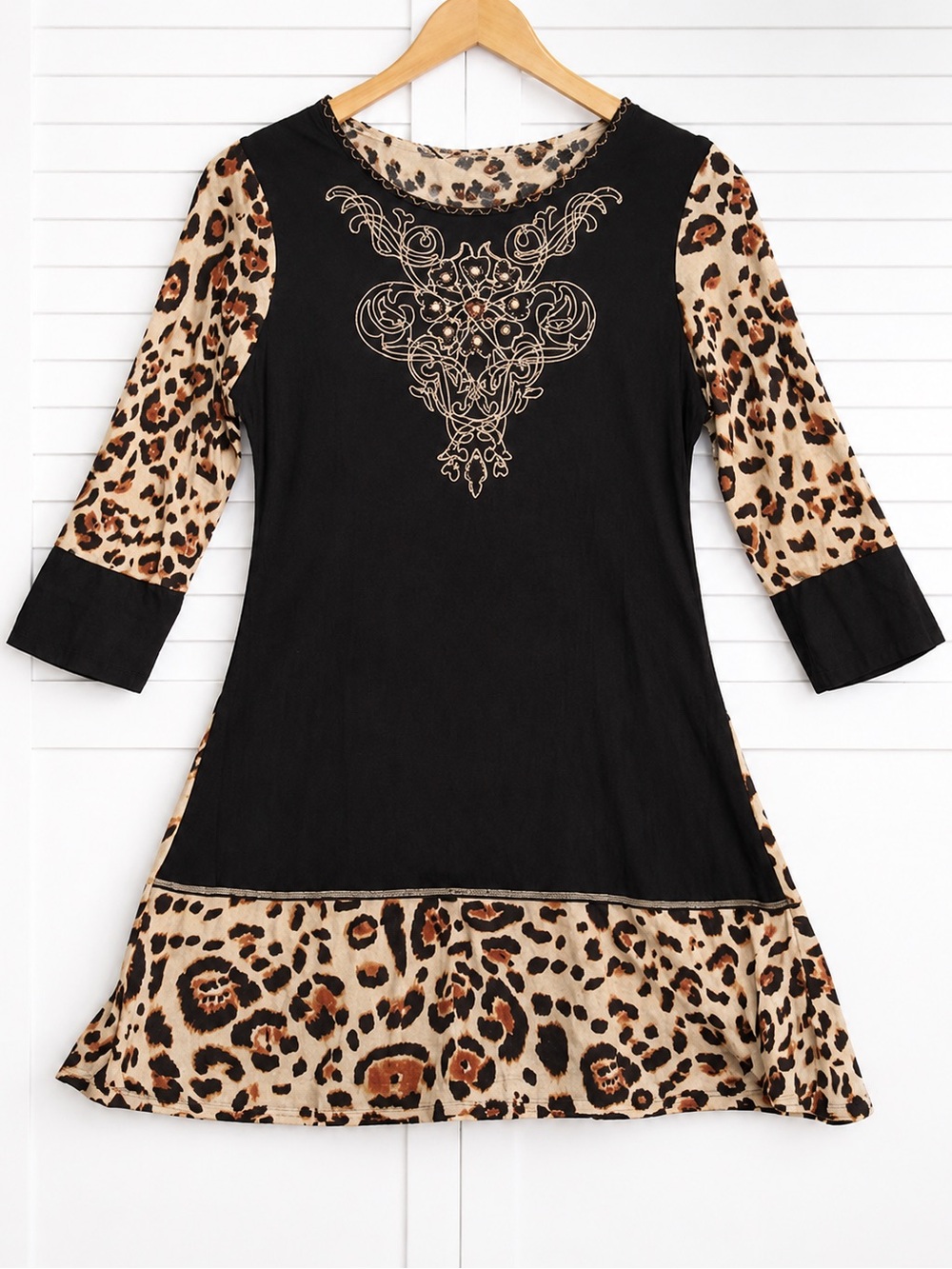 Studio X Y2K Leopard Beaded Embellished Tunic Top Shirt Black Large Boho